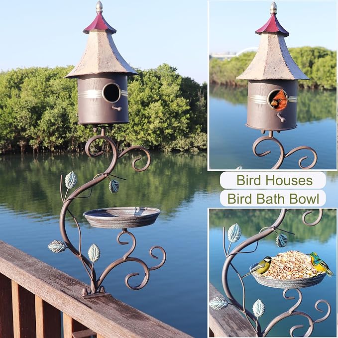 Deck Bird Bath, Metal Bird Bath and Bird Houses, Deck Mounted Bird Bath | Detachable and Adjustable Sturdy Deck Bird Bath for Outdoor Porch Yard Garden Decoration - Image 5