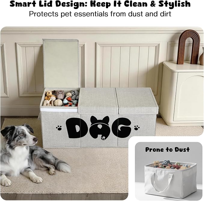 Dog Toy Basket with Lid, 3 Compartments Dog Basket for Toys, Dog Toy Box with 2 Removable Dividers, Collapsible Storage Bins for Dog Toys, Dog Storage Organizer, Gray - Image 4