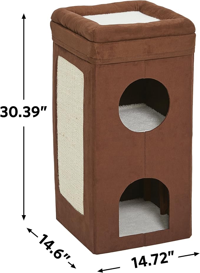 MidWest Homes for Pets Feline Nuvo Curious Cat Condo, Tri-Level Cat Tree, Faux Brown Suede with Hideaways, Bed Top & Sisal Scratch Panel, for Multiple Cats - Image 3