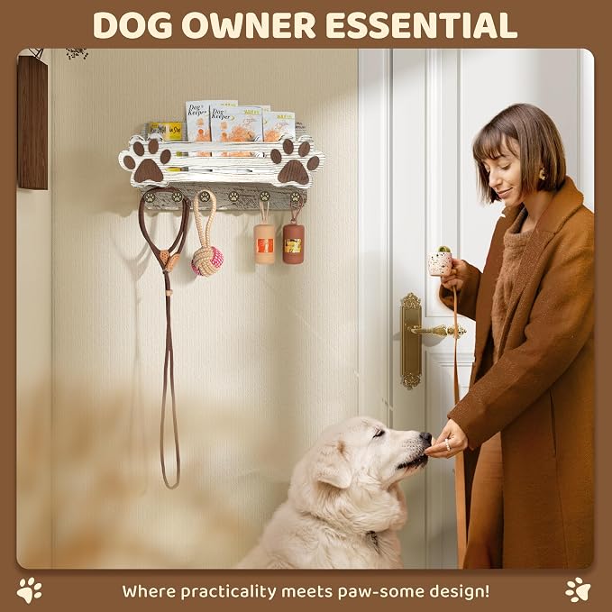MTERSN Farmhouse Dog Leash Holder for Wall - Cute Dog Accessories Storage Organizer with Floating Shelf and 6 Key Hooks – Key Holder Wall Mount for Rustic Home Decor (White) - Image 3