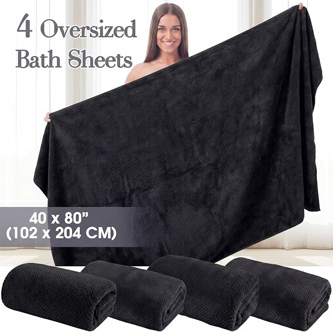 Newwiee 4 Pcs Oversized Bath Towel 40'' x 80'' Bath Sheet,Black | Fluffy Microfiber Quick Dry, Extra Large Bathroom Towel, Soft Absorbent Adult Shower Sheet, Fall Halloween Decor, Spa Beach - Image 2