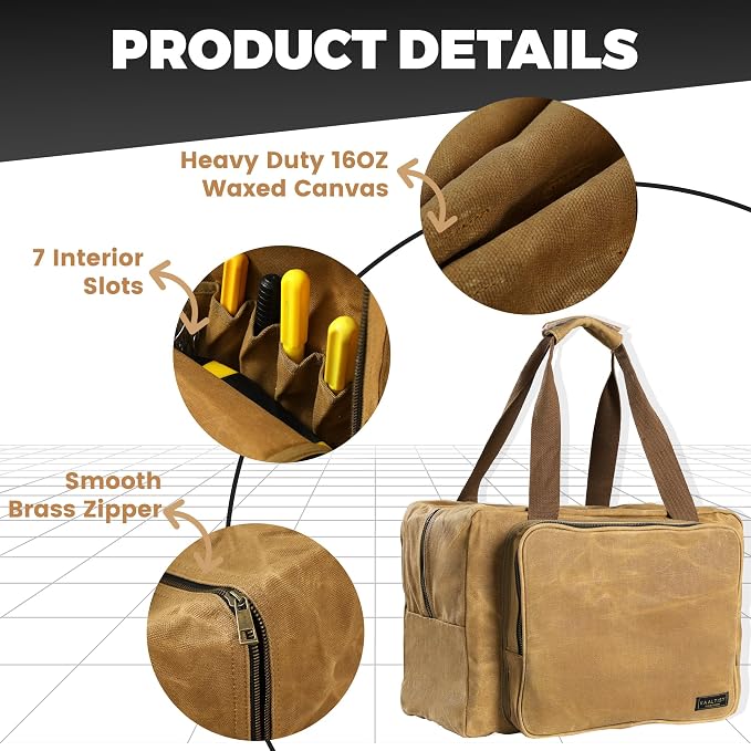 Tool Tote Bag - Large Capacity Tool Carrying Bag with 2 Zipper Pouches, Sustainable 16OZ Waxed Canvas Garden Tote for Gardening Set Hammer Fishing Gear Goggles - Khaki - 15.5"L x 7.5"W x 11.5"H - Image 3