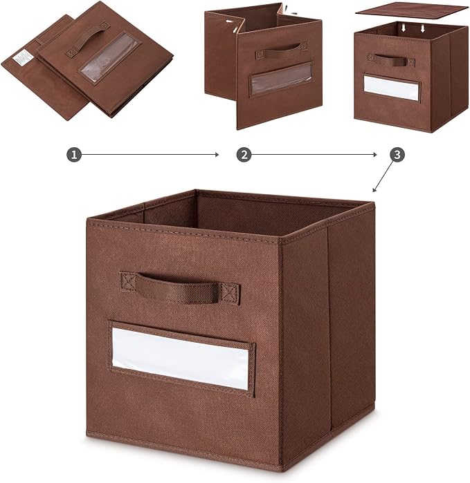 11 Inch Storage Cube,Storage bin,cube storage (Set of 10) Foldable Fabric Cube Storage Bins with 10 Labels Window Cards & a Pen,Baskets Containers for Shelves,Closet Organizers Box,Brown - Image 4
