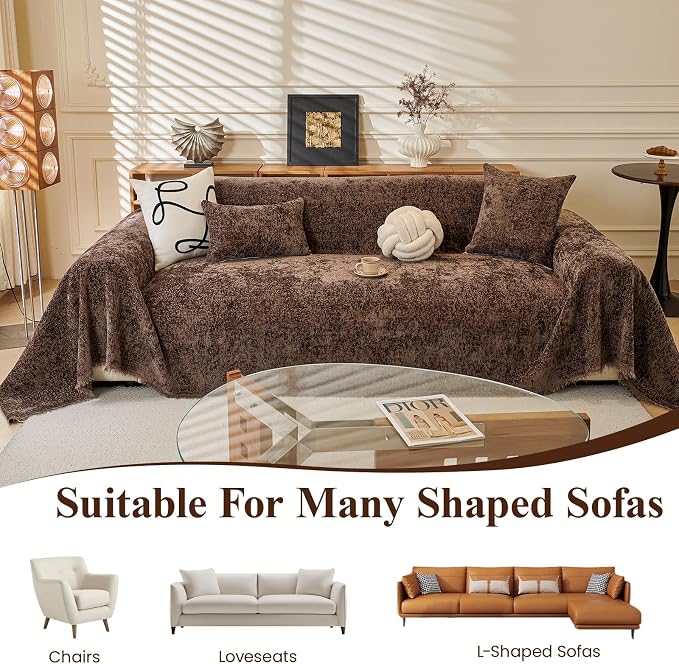XXL Brown Couch Cover for Dog Scratch Non Slip Chenille Sofa Cover | Wear & Tear Resistant Furniture Protector for Pets Dogs Cats, Suitable for Chairs, Loveseat, L-Shaped Sofas, Tassels Design - Image 5
