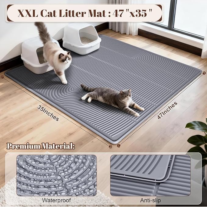 XXL Cat Litter Mat, 47"x35" Water-Resistant & Anti-Slip Litter Trapper for Kitty Litter Box, Easy Clean Silicone Floor Mat for Pets, Grey - Image 2