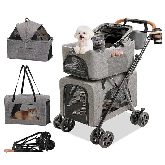 Double Pet Stroller with Detachable Carriers, Dog Stroller for Medium Dogs 20 lb, Foldable Dog Stroller for 2 Dogs,Easy Assembly Cat Stroller for 2 Cats with Cup Holder and Storage Bag for All-Terrain