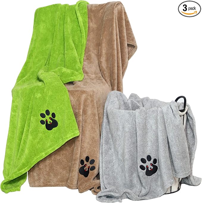 Dogvingpk Extra Large Dog Towel 3 Pack, Super Absorbent Soft Quick Drying Microfiber Pet Bath Towels for Large & Medium Dogs (XL-55" * 36", Green and Brown and Grey) by Dogvingpk
