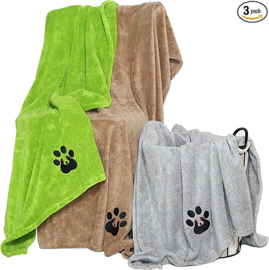 Dogvingpk Extra Large Dog Towel 3 Pack, Super Absorbent Soft Quick Drying Microfiber Pet Bath Towels for Large & Medium Dogs (XL-55" * 36", Green and Brown and Grey) by Dogvingpk