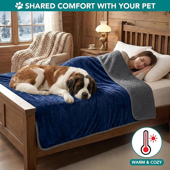 PETAMI Sherpa Fleece Waterproof CAT and Dog Blanket, Navy/Gray, Queen - Image 4