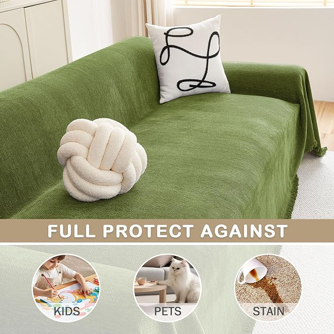 hyha Couch Cover for Dogs, Boho Chenille Sofa Cover for 3 Cushion Couch | Anti-Scratch Washable Sofa Slipcover, Loveseat Sectional Couch Throw Blankets with Tassels (Green, 71x102 Inch) - Image 3