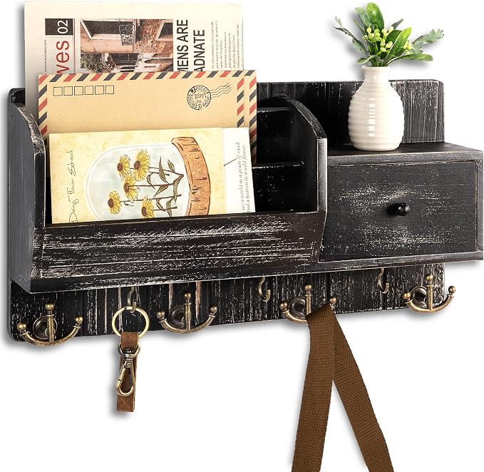 Rebee Vision Key Holder Wall Mount with Hooks for Room Decor, Old Black | Wooden Storage Drawer for Letters & File, 7 Key Hooks, Rustic Wall Mail Organizer for Entryway, Office, and Kitchen by REBEEVISION