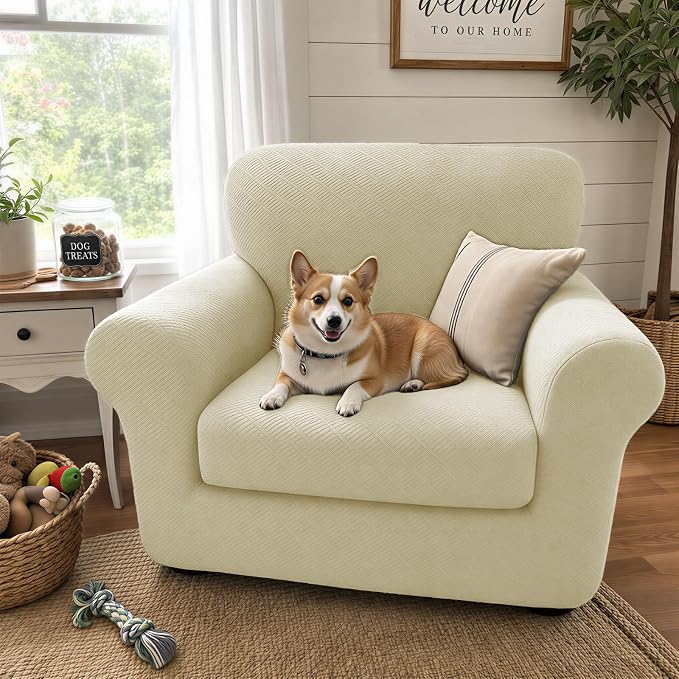 XINEAGE New 2 Pieces Chair Covers with Arms Super Stretch Chair Slipcover for Living Room Pet Dog Universal Slip Cover Anti Slip Armchair Furniture Protector (Light Beige), 31"-46"(1 Cushion) - Image 3