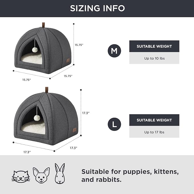 Bedsure 2in1 Cat Beds for Indoor Cats Cave for Kitten with Washable Pillow | 17.3in, Cat House Enclosed, Covered Cat Tent, Foldable Hideaway, Fluffy Ball, Anti Slip Bottom,Removable Cushioned ,Dark Grey - Image 4