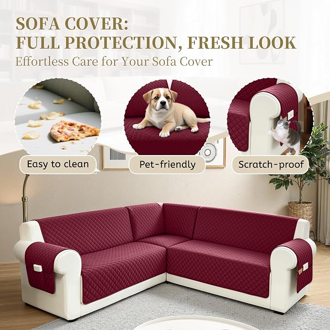 Sectional Couch Covers for Dogs 100% Waterproof Corner L Shaped Sofa Cover Pet Friendly Velvet Washable Anti Slip L Shape Modular Sofa Slipcover Protector with Pockets (Red, XX-Large) - Image 4
