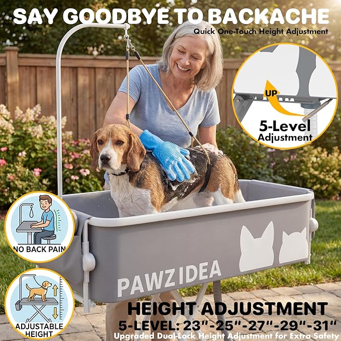 PAWZIDEA 2-in-1 Dog Bath Tub & Grooming Table 43" for Medium to Large Dogs | 5 Height Adjustable Elevated Dog Bathtub, Foldable Washing Station w/ Grooming Arm &1.8" Fast Drain, up 150lb,Indoor Outdoor - Image 5