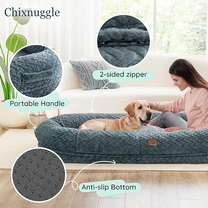 ChiXnuggle Orthopedic Human Dog Bed,with Faux Fur Washable Cover,Blanket | bluish grey,72*40*10,giant dog bed for adult or extra large dogs,egg crate foam,non-slip bottom - Image 6