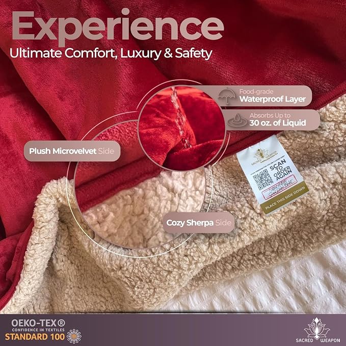 Sacred Weapon Waterproof Blanket for Bed Intimacy – Mini Sherpa Fleece Intimacy Blanket – Love Throw for Couples – Splash, Stain Proof, Absorbent Mattress Protector – Travel Dark Red 40x45 - Image 6
