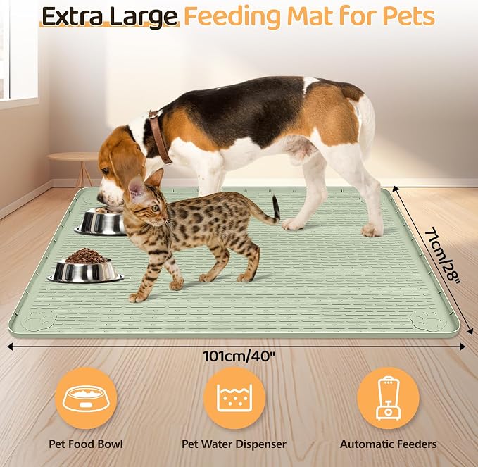 Dog Food Mat 40''x28'' Extra Large Dog Mat for Food and Water, Green | Silicone Dog Bowl Mat with Raised Edge, Waterproof Non-Slip Pet Feeding Mat for Floors, fit for Dog Cat Bowls - Image 2