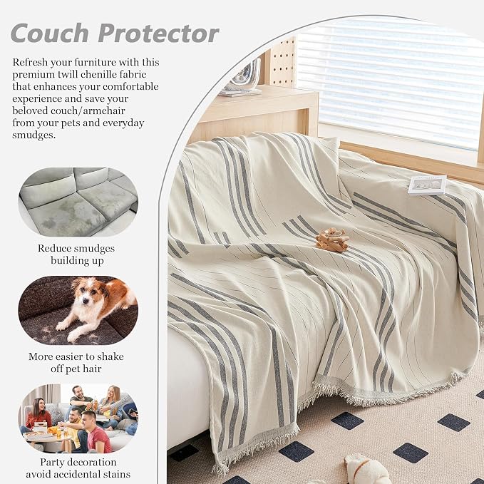 DREAMINGO Armchair Cover Washable Chenille Sofa Protector for Pet Kids Beige Grey Chair Couch Covers for 1 Cushion Couch Stripe Jacquard Versatile Sofa Throw Slipcover for Futon Couch, 71"x91" - Image 5