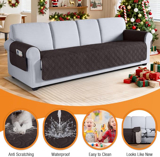 VANSOFY Waterproof Oversized Couch Cover for Pets, Chocolate, 72.4" | Non-Slip, Washable, Utility Pockets, Pet Friendly, Furniture Protector Slipcover for 4 Cushion Couch - Image 4