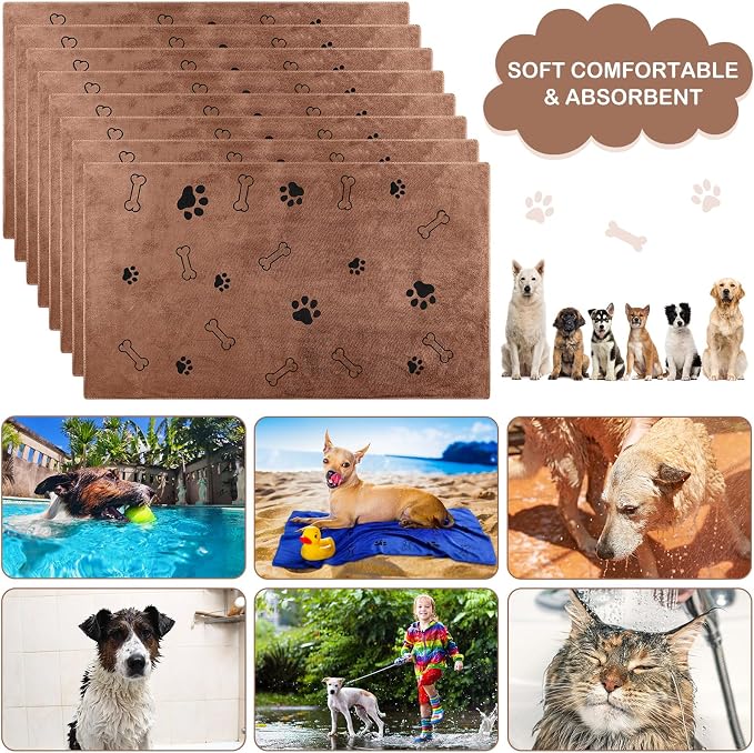 Chumia 8 Pcs Microfiber Dog Towels for Drying Dogs Cats 40 x 24 Inch Pet Towels Bulk for Large Puppy Absorbent Fast Drying Paw Bath Bathing Supplies for Pets(Dog Paw and Bone,Coffee) - Image 5