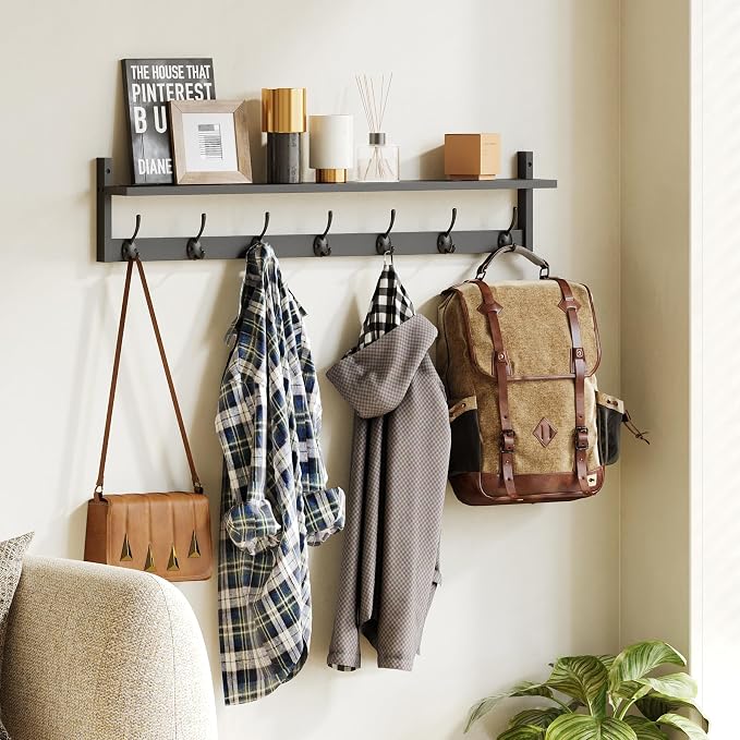 BAMEOS Wall Hooks with Shelf 35 Inch Length Entryway Hanging Shelf Wood Coat Hooks Wall-Mounted Coat Hook Rack with 7 Dual Hooks for Bathroom, Living Room, Bedroom (Black) - Image 5