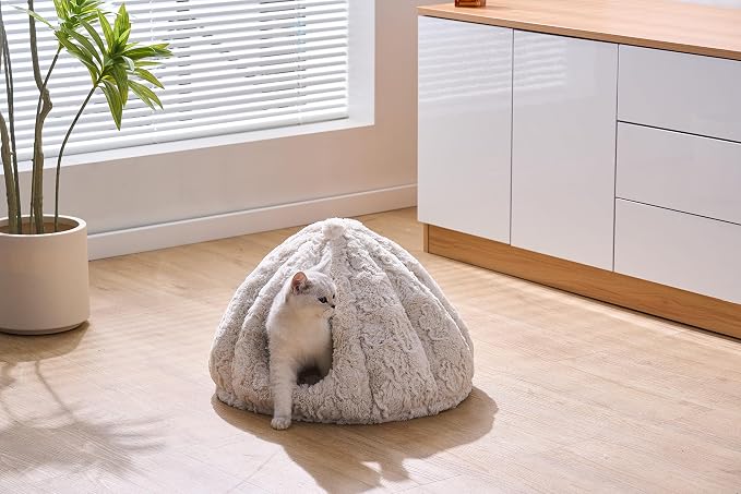 PetPals Round Cat Bed Small Pet Cave with Removeable and Washable Cushion | Super Soft Plush Pet Bed with Cover for Small Animals, Kitten or Ferret Hideaway Napping Cave, Anti-Slip Bottom, Cream plush - Image 7