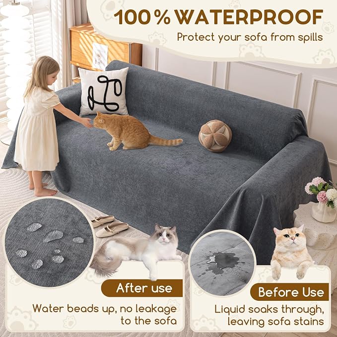 OstepDecor Waterproof Couch Covers for Pets, Couch Protector from Cat Claws | Washable Sofa Cover for Dogs, Non Slip Furniture Protector for Sofas, Loveseats & Sectionals, 91"x150", Dark Grey - Image 4