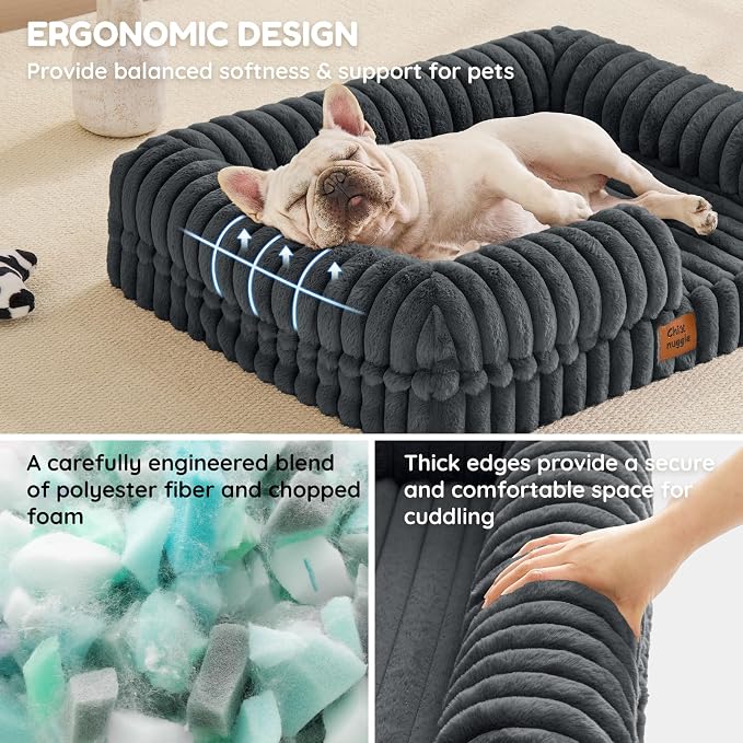 ChiXnuggle Faux Fur Orthopedic Dog Bolster Bed, Waterproof Washable Cover | rectangular dog sofa couch,egg crate foam,non-slip bottom,for small medium dogs,dark grey,30*24*7,puppy bed - Image 2