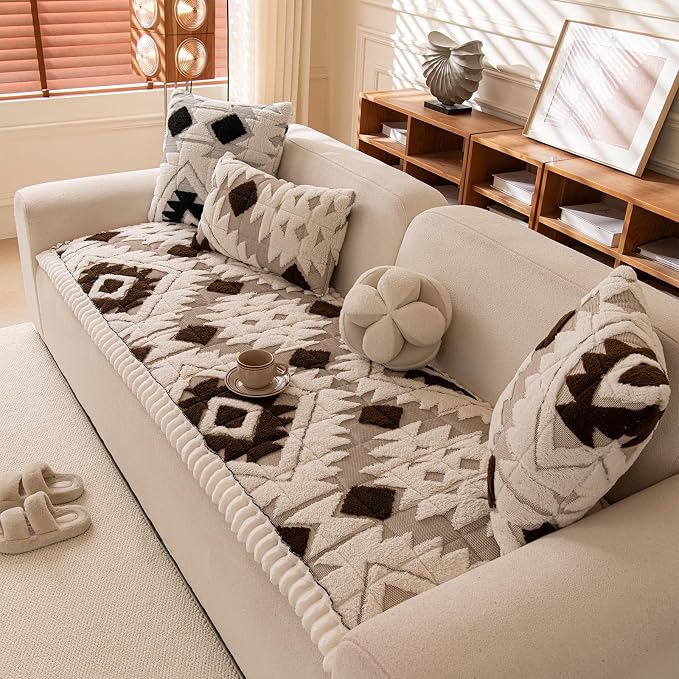 STACYPIK Plush Dog Couch Cover Washable, Geometric Diamond Anti-Slip Pet Sofa Protector for 2 Cushion, Boho Thick Fluffy Coffee Sofa Cover Multi-Use Dogs Bed Mat, Fits Sectional/L/U Shape-27.6X59.1IN - Image 7