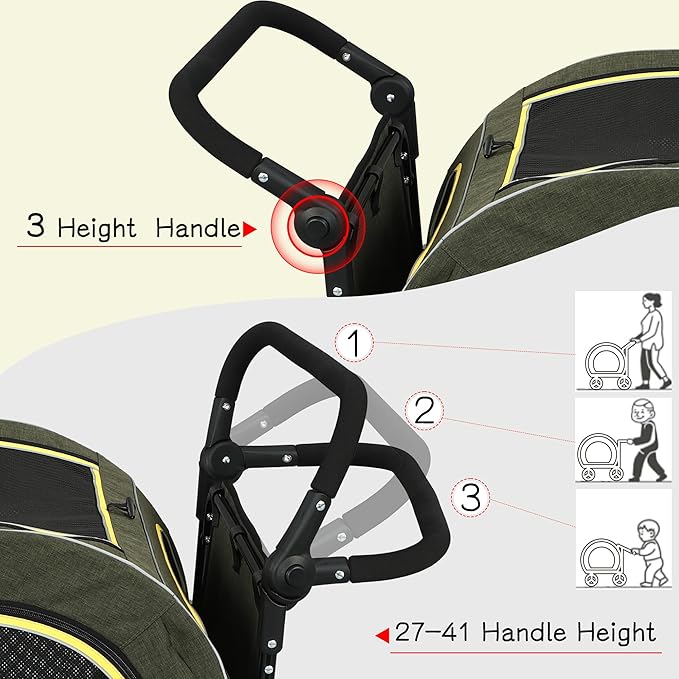 Pet Stroller for Dogs Cats up to 50 lbs, Foldable Dog Stroller with 360° Swivel Wheels, Detachable Carrier, Adjustable Handle, Travel Dog Stroller for Small Medium Large Pets, Green