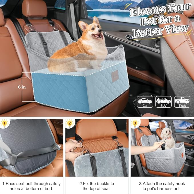 Dog Car Seat for Small/Medium Dogs up to 35 lbs, Memory Foam Pet Booster Seat with Detachable Washable Cover, Portable Pet Bed for Cars with Safety Belts and Storage Pockets(Grey, Medium) - Image 7
