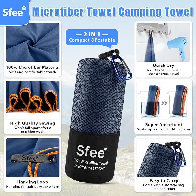 Sfee 4 Pack(8Pcs) Microfiber Travel Towel, Quick Dry Beach CampingTowel Super Absorbent Compact Lightweight Sport Gym Towels for Beach, Gym, Hiking, Pool, Backpacking, Bath, Yoga(L:60"*30"+24"*15") - Image 3