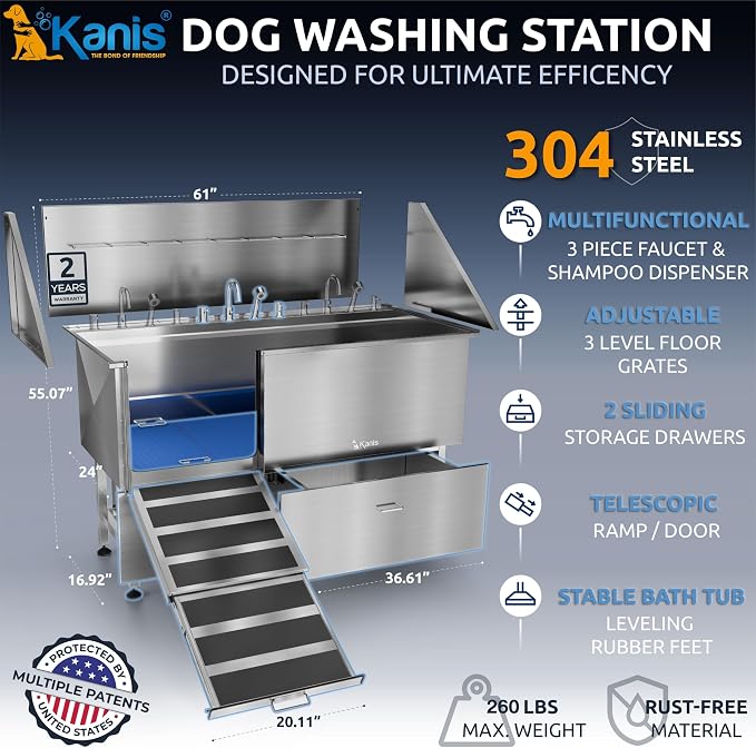 KANIS Professional Dog Washing Station 304 Stainless Steel Pet Wash Sink | Grooming Bathtub w/Shower, Floor Grates and Storage for Large, Medium & Small Pets - Image 2