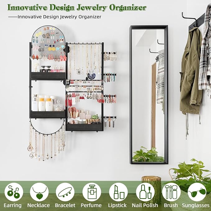 Keebofly Wall Mount Hanging Jewelry Organizer - Large Display Holder for Earrings, Rings, Necklaces, Bracelets, Watches and Perfume - Black - Image 4