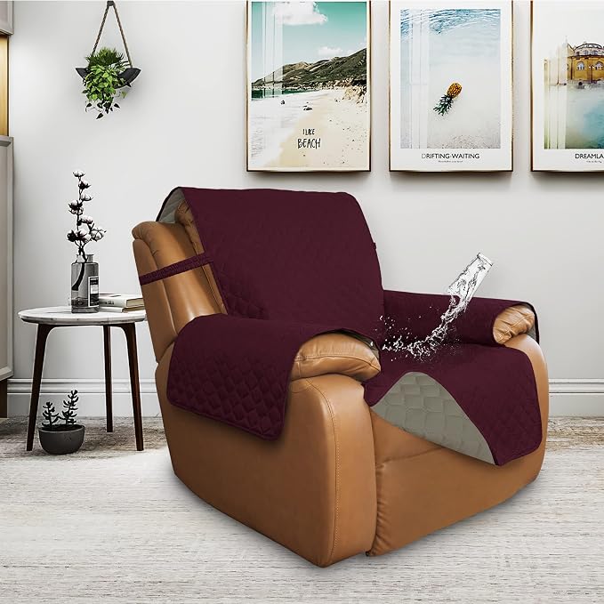ISSUNTEX Double Protection 100% Waterproof Recliner Covers for Living Room, Reversible Furniture Protector Recliner Couch Sofa Slipcover for Dogs, Pets, Kids (Oversized Recliner, Wine/Beige) - Image 2