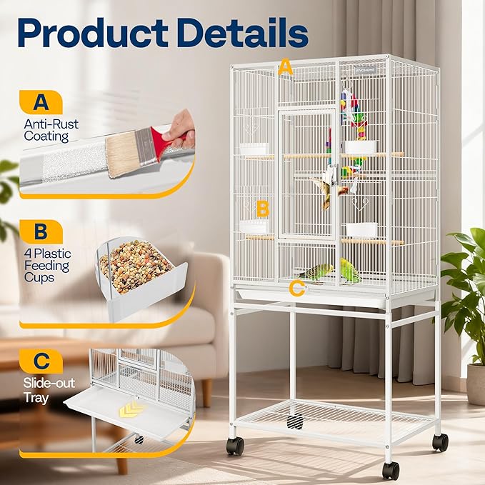VIVOHOME 54 Inch Wrought Iron Large Bird Cage with Rolling Stand | Bird Flight Cage with Stand, Casters, Slide-out Tray for Parakeets Canaries Parrot Cockatiels Lovebirds Conures, Whtie - Image 3
