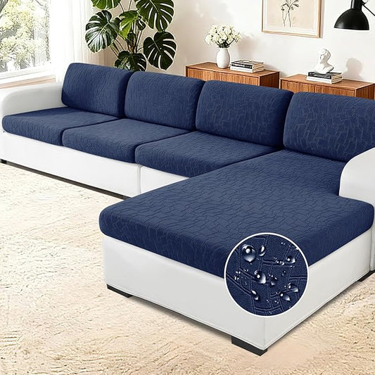 MAXIJIN Waterproof Sectional Couch Cover 3 Pieces Stretch Couch Cushion Covers for Sectional Sofa L Shape Seat Slipcovers with Elastic Bottom for Dogs Pets (2 Seater + 1 Chaise, Navy Blue) by MAXIJIN