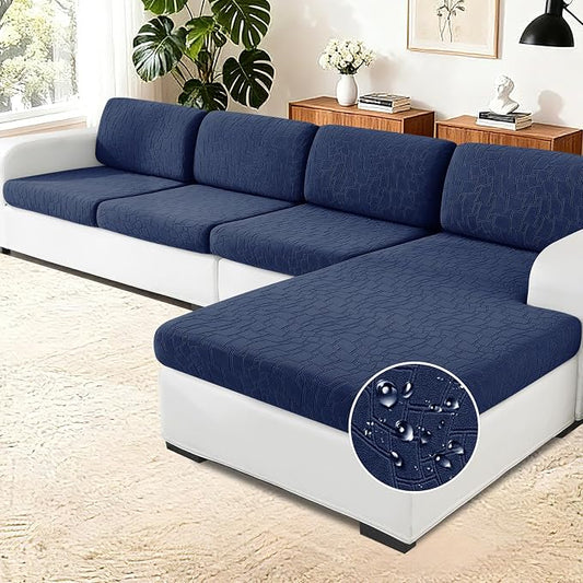 MAXIJIN Waterproof Sectional Couch Cover 4 Pieces Stretch Couch Cushion Covers for Sectional Sofa L Shape Seat Slipcovers with Elastic Bottom for Dog Pet (3 Seater + 1 Chaise, Navy Blue) by MAXIJIN