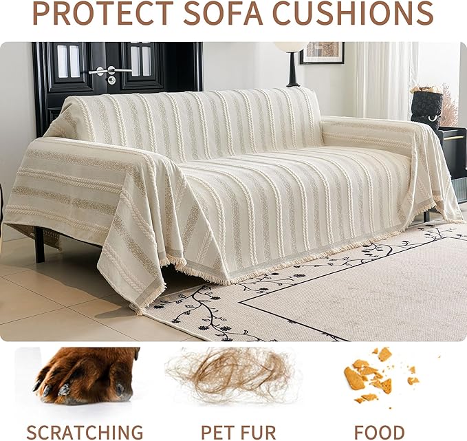 HAOMAIJIA Non Slip Couch Cover Sofa Covers for 3 Cushion Couch Washable sectional Couch Covers for Dogs pet Furniture Protector Couch Cover Blanket for Living Room (TM-Cream White, 91"x134") - Image 6