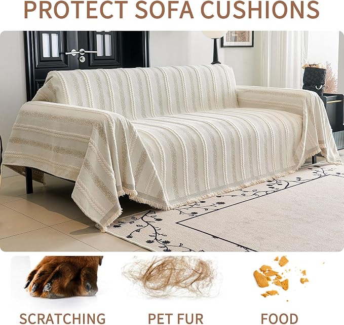 HAOMAIJIA Non Slip Couch Cover Sofa Covers for 2 Cushion Couch Washable sectional Couch Covers for Dogs pet Furniture Protector Couch Cover Blanket for Living Room (TM-Cream White, 71"x102") - Image 6