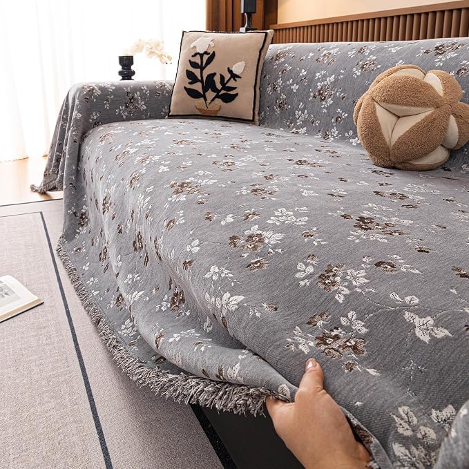 ROOMLIFE Couch Cover 3 Cushion Sofa, Washable Non Slip Furniture Sofa Protector Cover, Soft Chenille Sofa Slipcovers Sectional L Shape Dogs Couch Cover Throw Blanket with Tassels 71''X118'' - Image 7