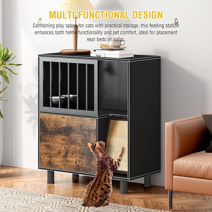Dog Proof Cat Feeding Station, Cat Feeding Station with Scratching Board, Raised Bowls for Indoor Cats, Elevated Food Bowls with Stand, Vintage Black Furniture - Image 3