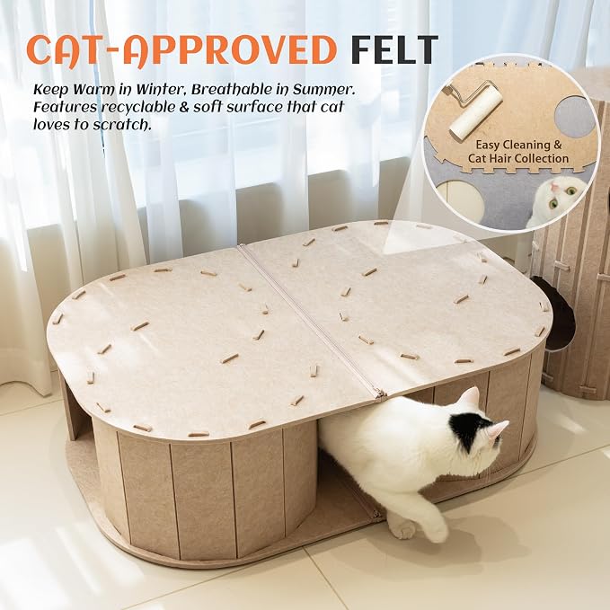 PETKARAY Large Felt Cat Tunnel, Double S-Shaped Hideaway for Indoor Cats, Interactive Cat Bed Cave and Hideout, 34x22.8x10.2 inches Beige - Image 5