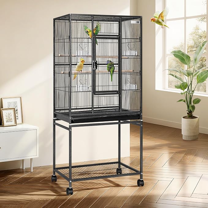VIVOHOME 54 Inch Wrought Iron Large Bird Cage with Rolling Stand | Bird Flight Cage with Stand, Casters, Slide-out Tray for Parakeets Canaries Parrot Cockatiels Lovebirds Conures, Black by VIVOHOME