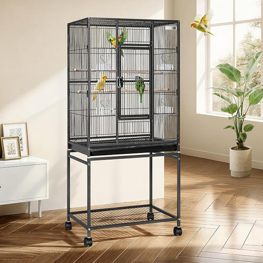 VIVOHOME 54 Inch Wrought Iron Large Bird Cage with Rolling Stand | Bird Flight Cage with Stand, Casters, Slide-out Tray for Parakeets Canaries Parrot Cockatiels Lovebirds Conures, Black by VIVOHOME