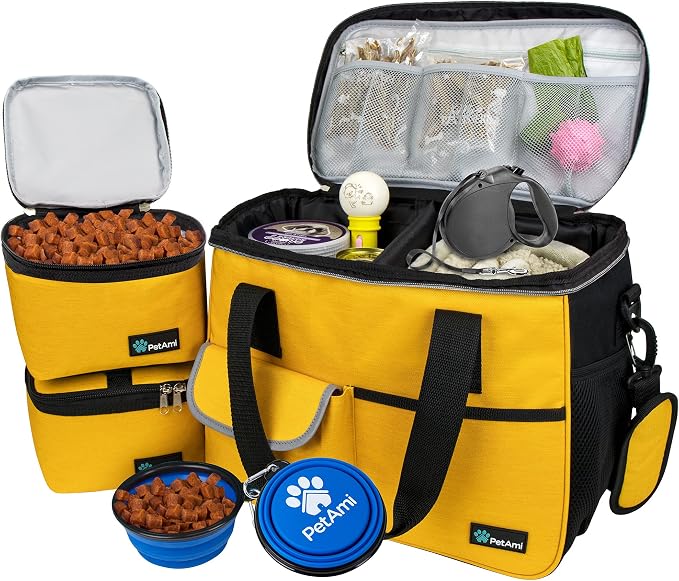 PetAmi Dog Travel Bag Organizer, Pet Travel Kit with 2 Food Containers & 2 Collapsible Dog Bowls, Pet Supplies Tote with Luggage Sleeve, Weekend Road Trip Camping Essentials, Yellow, Medium by PetAmi