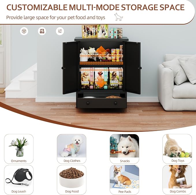 Dog Feeding Station with Storage, Metal Dog Food Storage Cabinet with 2 Elevated Bowls and 3 Hooks, Pet Feeding Station and Food Storage Organizer, Black - Image 6