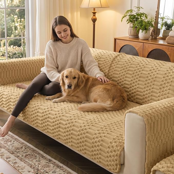 Smiry Waterproof Couch Covers for Dogs Washable, Non Slip Pet Sofa Cover | Plush Scratch Resistant Flannel Furniture Protector for Dogs, Camel, 43" x 82.7" - Image 2