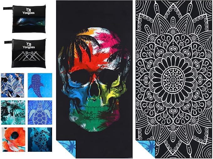 Yongoes 2 Pack Microfiber Beach Towels Oversized 71x32 Black Skull Mandala | Thin & Lightweight, Sand Free, Super Absorbent Quick Dry Large for Pool Swim Bath Travel Vacation Accessories Essentials by Yongoesbeachtowel